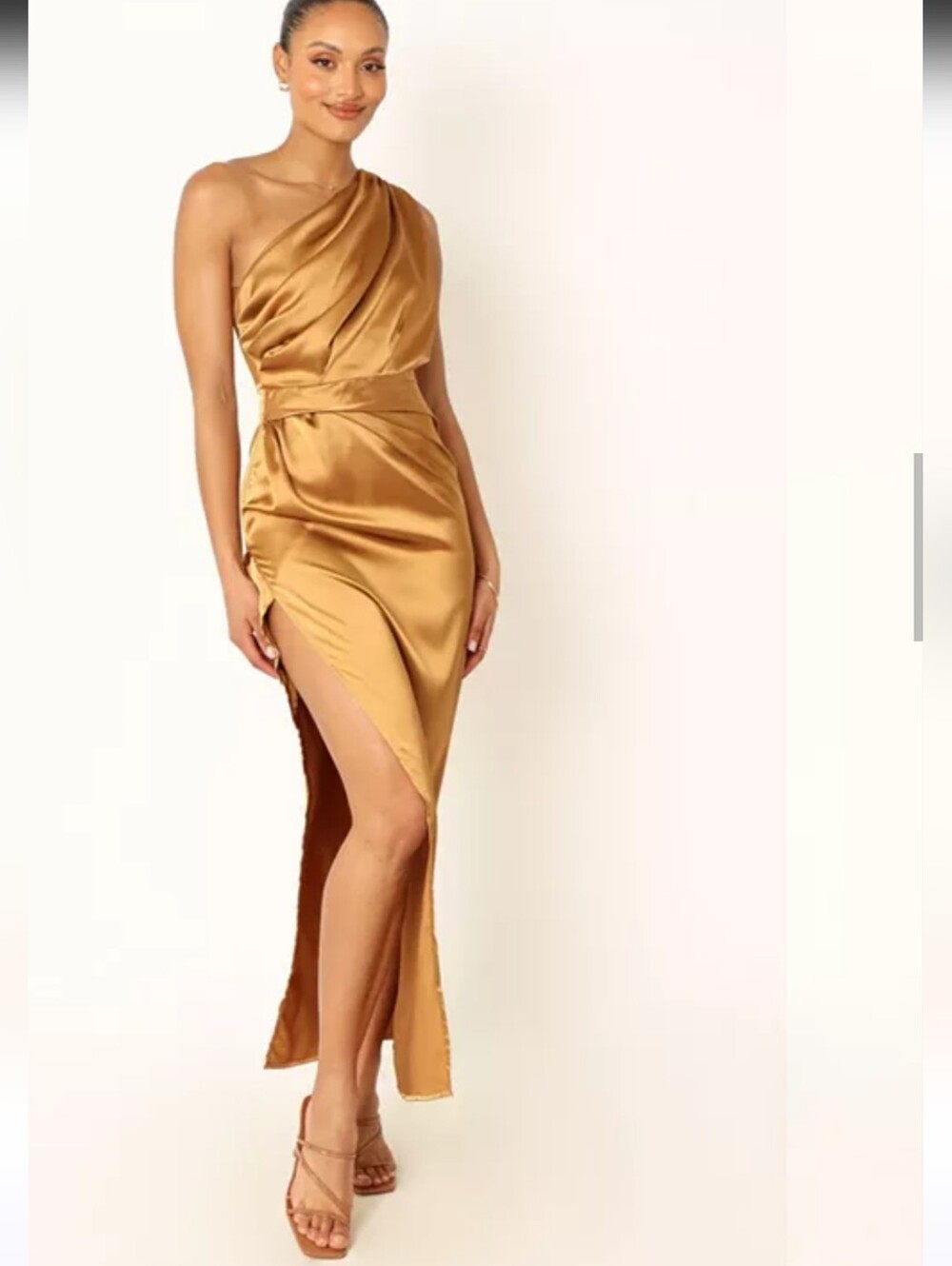PETAL PUP GOLD NADIA SATIN One-Shoulder Gold Satin Evening Dress Maxi Queen - Picture 1 of 15